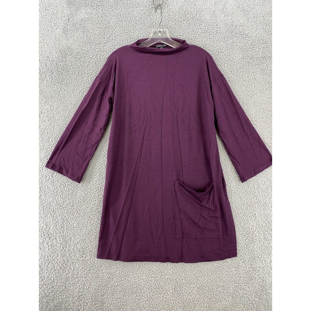 Eileen Fisher Dress Womens Small Purple Shift Tunic 3/4 Sleeve Pocket Made USA
